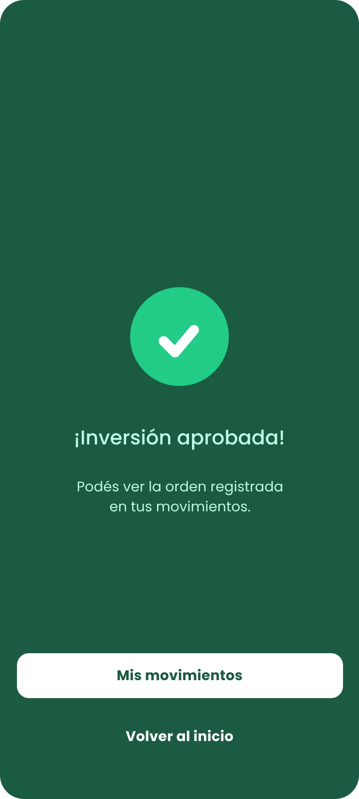 Success screen: investment approved
